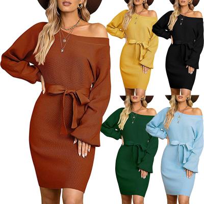 China Good quality one shoulder anti-static dropship long slim tight knitting women office knee length bow waist dresses puff sleeve for winter for sale