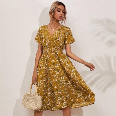 China Anti-wrinkle 2021 Fashion V-neck long women clothing hot sale chiffon shein dress print short sleeve casual dress for sale