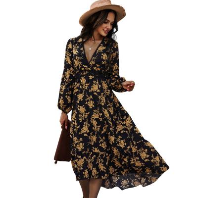 China 2022 Newest Fashion Women Fashion Hot Selling V Neck Floral Dress Mid Length Breathable Long Sleeve Casual Dresses for sale