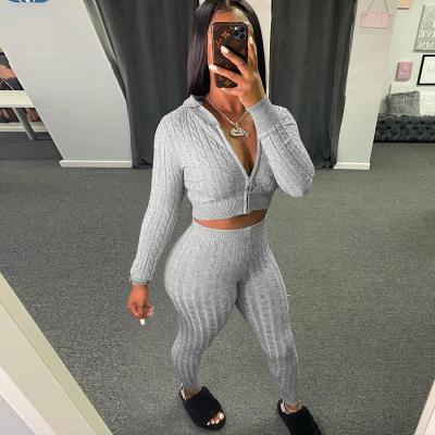 China 2021 New Arrivals Autumn Knitted Zipper Hoodie Cardigan Breathable Bodycon Sweatpants Two Piece Sets Women for sale