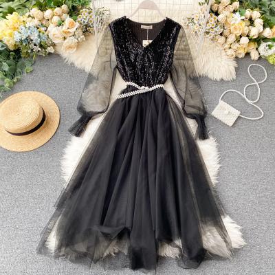 China 2020 Anti-Static Luxury Women Lace Up Sequin Gauze Party Formal Dress for sale