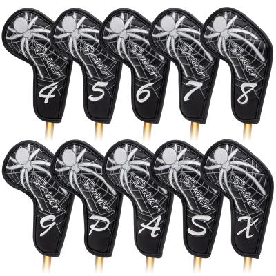 China Protect Golf Clubs Factory Price Black Golf Iron Covers 10pcs Custom Golf White Spider Pattern Headcovers for sale