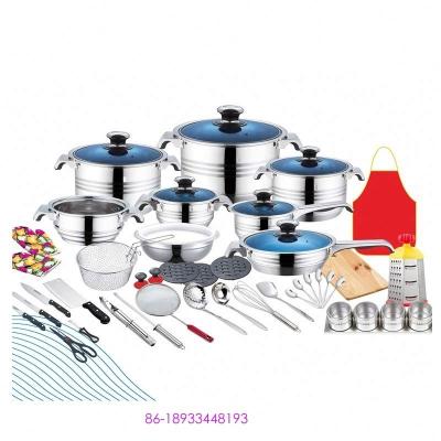 China Hot Sale 50 Pcs Stainless Steel Edge Thermometer German Wide Knob Long Lasting Induction Cooking Ware Pot Cookware Set Blue Glass Lid for sale