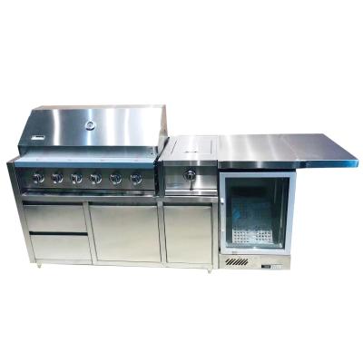 China Restaurant canteen rawen icfzd custom design outdoor BBQ island with refrigerator burner barbecue combination workstation for sale