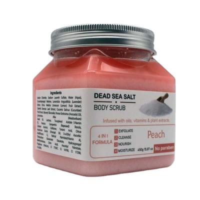 China Exfoliator Newcomers Nourishing Skin Whitening Scrub Dead Sea Peach Salt Body Scrub for sale