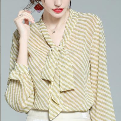 China 2021 Summer European Slim Design Women's Blouse Fashion Anti-wrinkle Style Bow Chiffon Blouse Feeling Style New New for sale