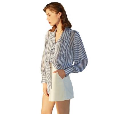 China Bow design woman blouse anti-pilling style thin chiffon shirt summer sunproof long sleeve French chic striped shirt for sale