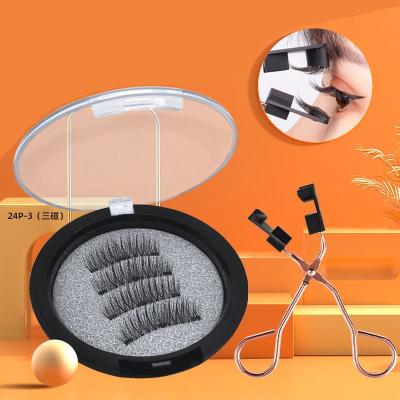 China Factory Wholesale Natural 3D Three Magnet False Lashes Fast Stick Seamless Glueless Magnetic Eyelashes for sale