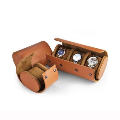 China Custom Made Luxury Leather Travel Rounded 3 Slot Watch Set Storage Case Watch Roll Rounded Packaging Box for sale