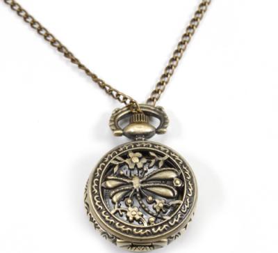 China Vintage Fullmetal Alchemist Antique Alloy Carved Dragonfly Flower Necklace Pedant Quartz Pocket Watch for sale