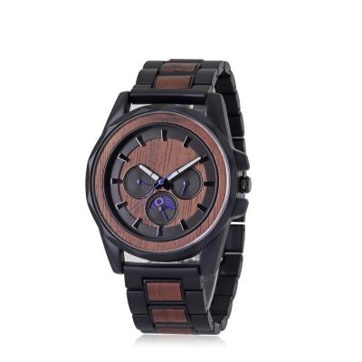 China Japan Gift Alloy Logo Date 45mm Wood Watch Quartz Men Moon Automatic Wooden Luxury Black Luminous Hands Phase Automatic Watch for sale