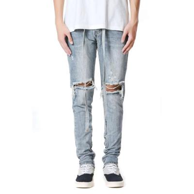 China Anyu Breathable Garment Customized OEM/ODM Made High Quality Heavy Slim Hole Blue Jeans Pants For Men for sale