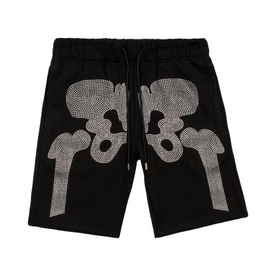 China Viable Custom Drawstring Diamond Rhinestone Mid Waist Unisex Cotton Skull Shorts LOGO Label Your Own Design for sale