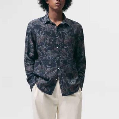 China Anti-pilling Customized Brand Fashion Oversized Plain OEM/ODM Button Collar Button Closure Dark Blue Printing Shirts for sale