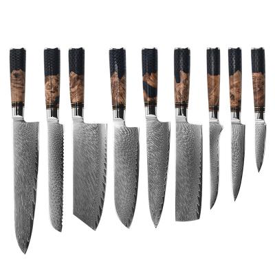 China Viable Quality 9pcs Damascus Size Chef Knife Set With Honeycomb Resin Steel Handle for sale