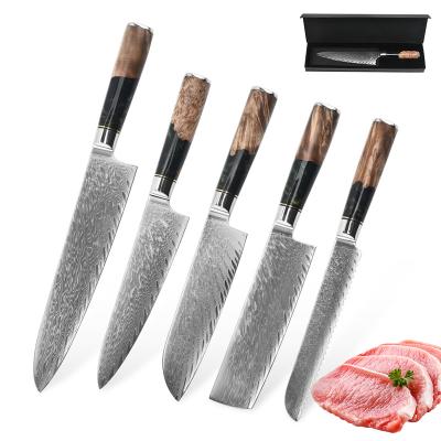 China Sustainable New Design Green Resin Stabilized Wood Handle vg10 Damascus Japanese Chef Kitchen Knife Set for sale