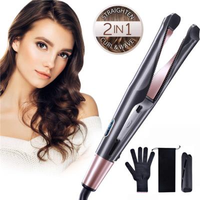 China Cusrom Professional Beauty Ceramic Electric Rotating Private Label LCD Temperature Display Portable Magic 2 In 1 Air Hair Curler & Straightener for sale