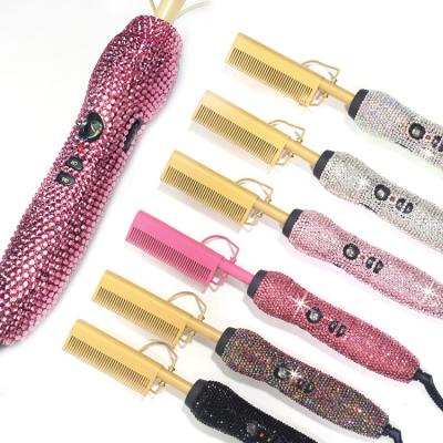 China Salon Travel Home Private Label 2 in 1 Digital Multifunctional Led Beard Straightener Glow Rhinestone Stunned Diamond Bling Hot Comb Pink for sale