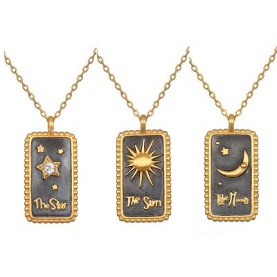 China Hiphop Personalized Square Zirconia Enamel Sun Star Vintage Copper Tarot Card Pendant Necklace Pendant 18k Plated for sale