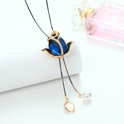 China TRENDY Fashion Long Pearl Necklaces For Women Gold Pearl Crystal Flower Long Necklace Pendant Chain for sale