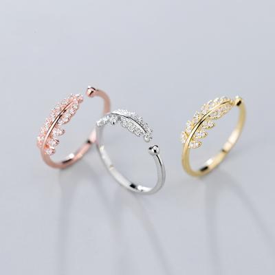 China Cute Silver Ring S925 Full Diamond Jewelry Leaf Design Opening Small Fresh Sweet Leaf Ring For Girls for sale