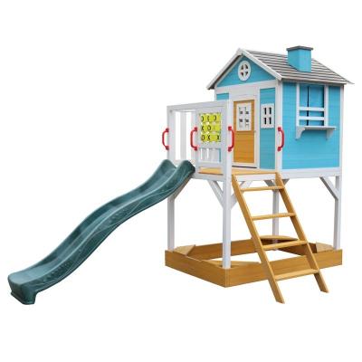 China Easily Collected Outdoor Wooden Playground Set Child Play Equipment Kids Table Cubby Playhouse With Plastic Slide for sale