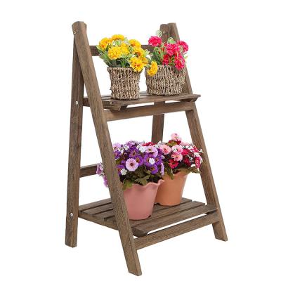 China Eco-friendly Design 2 Tier Wooden Brown Flower Display Shelf Free Standing Foldable Stand for sale