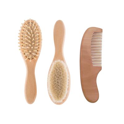 China Baby Hair Cushion 3 Pieces Play Brush Eco-friendly Non-irritating Brush and Wooden Hair Comb Baby Beech Wool Kids Hair Brush for sale