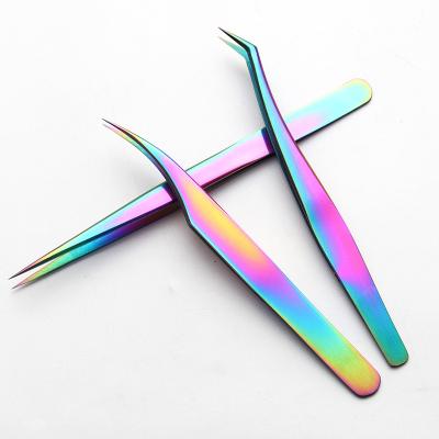 China Multifunctional Eyelash Tweezers Elegant High Quality Rainbow Color Stainless Steel Self Grafting Eyelash Tweezers for sale