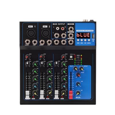 China Metal+plastic F4USB OEM/ODM Digital Audio Professional 4 Channel Console Mixer 48 V phantom with band reverberation effect home karaoke for sale