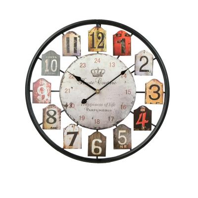 China Retro Metal Wall Clock American Round Hollow Radio Old Style Wrought Iron Living Room Clock for sale