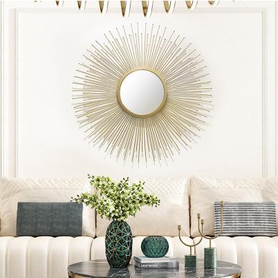 China Sun Shape Light Gold Iron Mirror High Quality Design Wall Mirror Living Room Background Wall Hanging Decorative Decor for sale