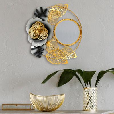 China Modern Interior Decorations Iron Design Decorative Wall Mirror Living Room Background Wall Flower Labby Hanging Mounted Metal Framed Mirror for sale