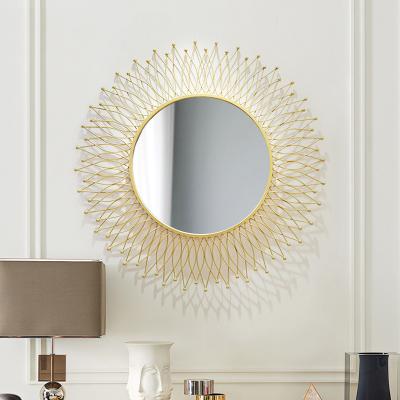 China Art Deco Iron Wall Mirror Sunburst Living Room Wall Mounted Round Decorative Mirror Gold Hanging Makeup Mirror for sale