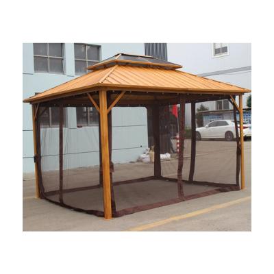 China Wood Grain Paint Roof (Foot Tube & Cross Tube) Double Galvanized Steel Roof Polycarbonate Panel Gazebo Metal With Mesh Outdoor Garden Patios for sale