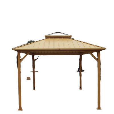 China Wood Grain Painting Hardtop Gazebo (Foot Tube & Cross Tube) Galvanized Roof Polycarbonate Panel Gazebo Steel Metal With Mesh Outdoor Garden Patios for sale