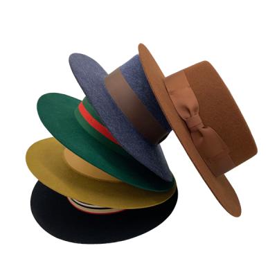 China Custom Character Mens Fashion Solid Color 100% Wool Felt Meat Pie Hat Flat Straw Hats With Ribbon Rope Vintage Jazz Flat Top Hat Wide Brim for sale