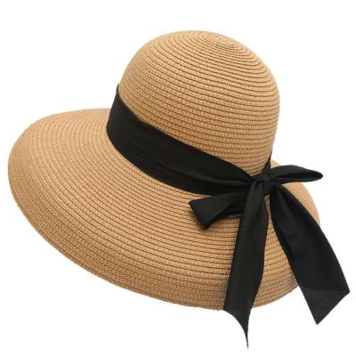 China Striped Women Wide Brim Beach Hat Bowknot Summer Sun Hat Straw Hat for sale