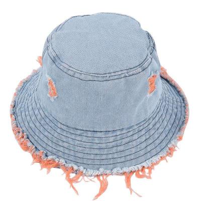 China Character Two Color Fringed Brim Outlet Washable Worn Design Denim Cool Bucket Hat For Men Women Unisex for sale