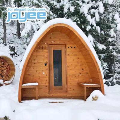 China Outdoor Computer Control Panel JOYEE 2400 Mm Red Cedar Barrel Sauna Red Cedar Snow Rain Drop Roof 1800 With 4.5KW Sauna Heater for sale