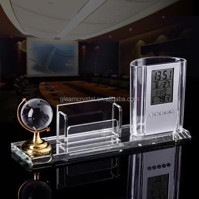 China Office Global Crystal Gift Card Holder Glow K9 Crystal Desk Clock Pen Holder For Business Gift for sale