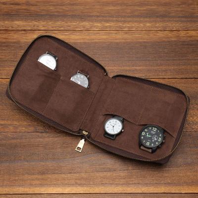 China Handmade Genuine Leather Vintage 2slot  4 Slot Handmade Zipper Case Watch Pouch Travel Portable Organizer Watch Bag for sale