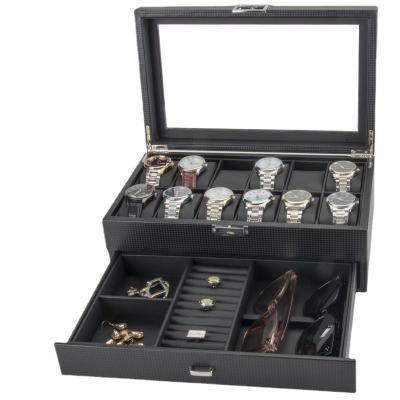 China Morden 12 Slots Luxury Black Carbon Fiber Watch Box Organizer Display Leather Jewelry Bracelet Necklace Ring Double Layer Storage Case for sale