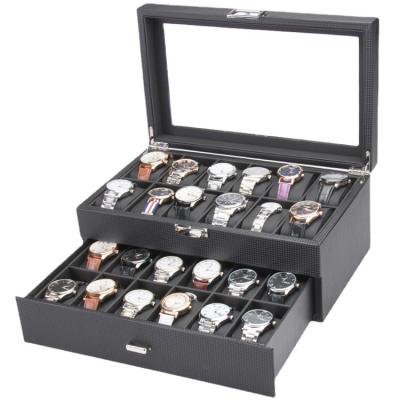 China Morden 24 Slot Watch Box Carbon Fiber Case Wooden Display Watches Organizer Black Double Layer Display Jewelry Storage for sale