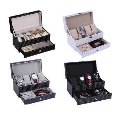 China Morden 4 Grids Double Layer Watch Boxes Carbon Fiber Watch Cases Holder Organizer Storage Box for Luxury Jewelry Boxes Display Gifts for sale