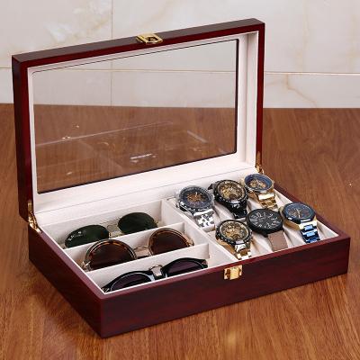 China Simple 6+3 Slots Wood Paint Watch Sunglass Organizer Box Display Holder Cases Multifunctional Jewelry Storage Packaging Glasses Box for sale