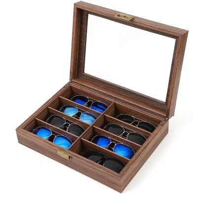 China Top Quanlity 8 Slots Sunglasses Display Case Vintage Brown Glasses Show Storage Wood Grain Sunglasses Organizer Collection Box for sale