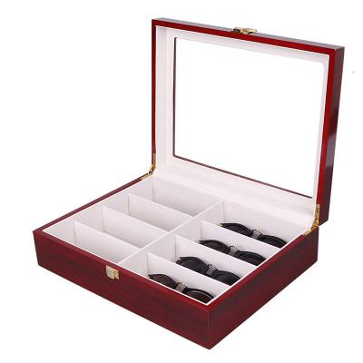 China Luxury 8 Slots Wood Glasses Storage Red Display Box Storage Sunglasses Display Case Organizer for sale