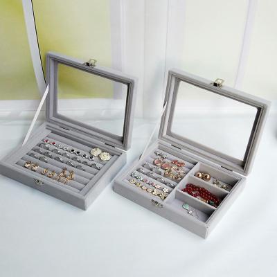 China Simple Modern Velvet Glass Ring Earring Jewelry Display Organizer Box Tray Holder Storage Case for sale