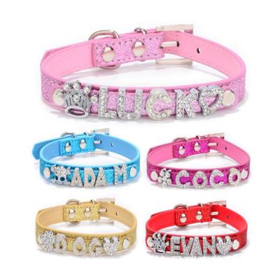 China Manufacturer Personalized Pet Collar Rhinestone DIY Name PU Viable Dog Collar for sale